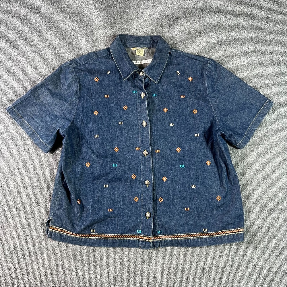 Vintage Teddi Shirt Women's XL Blue Denim Embroidered Button Front Short Sleeve